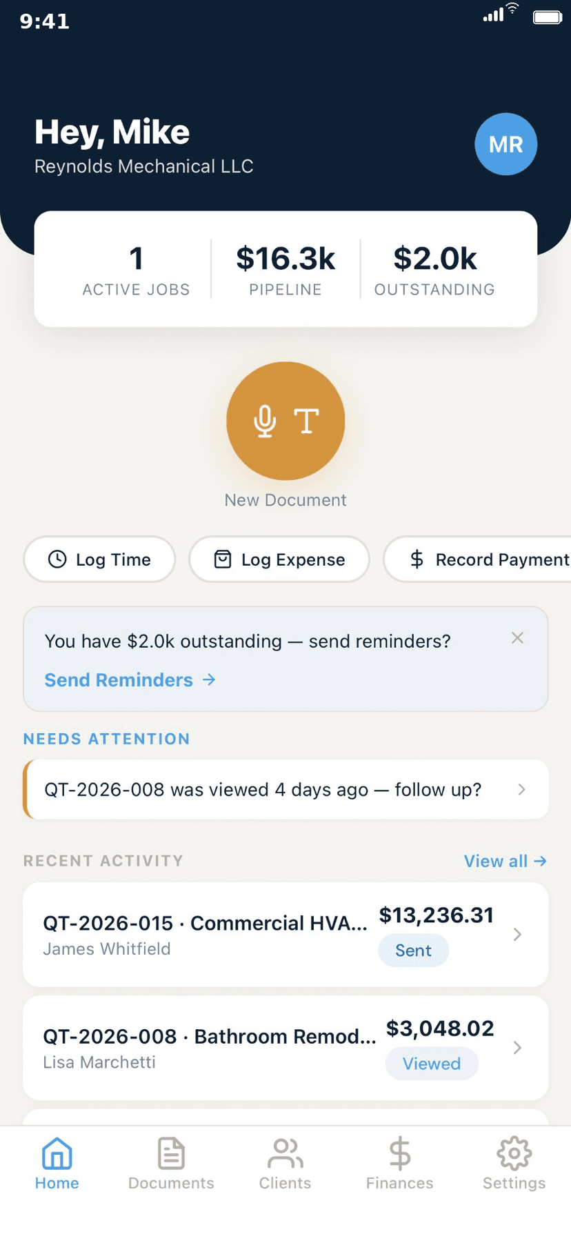 Kvota dashboard showing active jobs, pipeline, and voice input